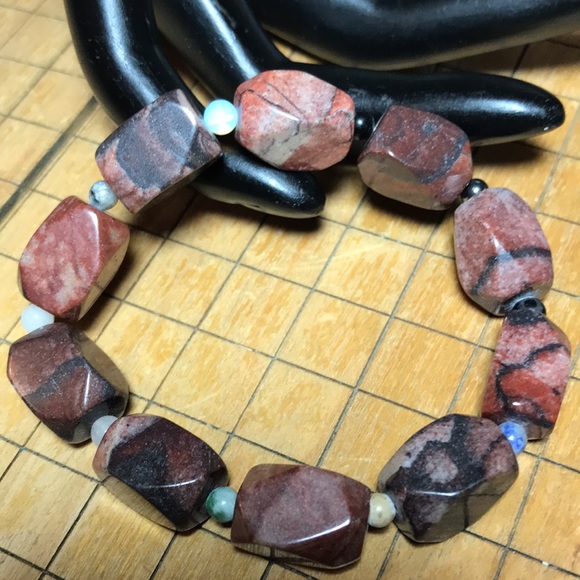 Semiprecious Mix Stone Bracelet 7”L Elastic Jasper w Lapis Lazuli Onyx Opal Etc. - Picture 2 of 8